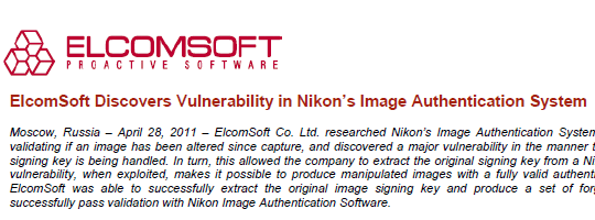 Nikon Image Authentication System Vulnerability